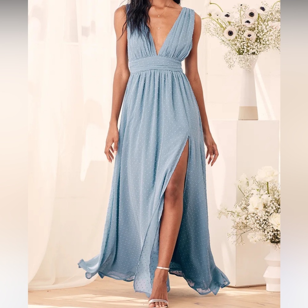 Lulus Wonderful Occasion Slate Blue Swiss Dot Sleeveless Maxi Dress small